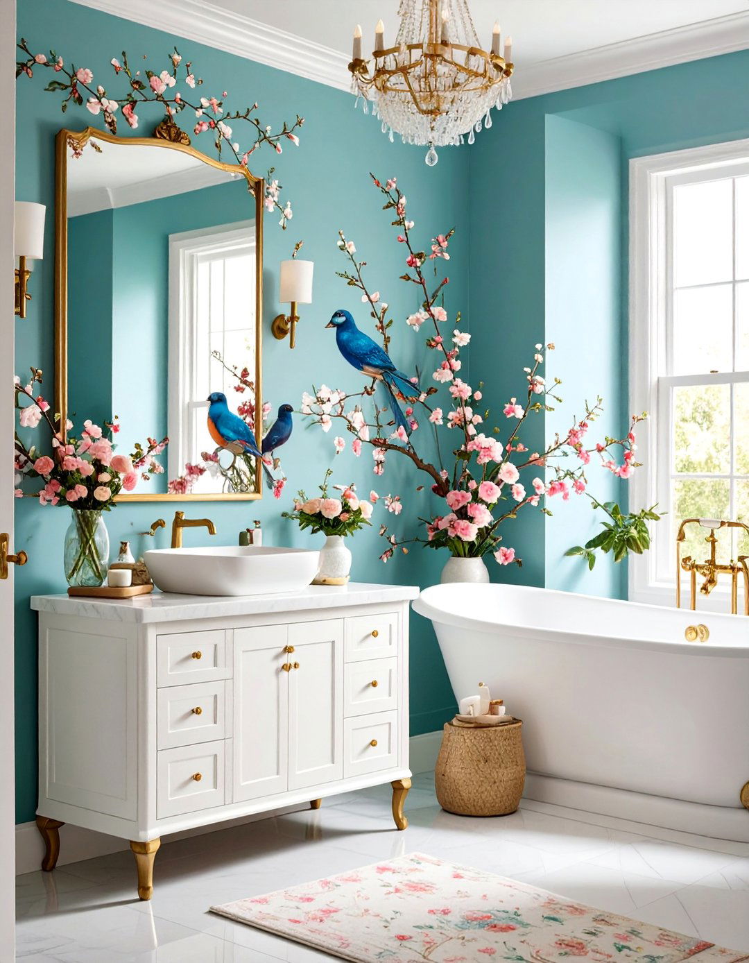 Chinoiserie Floral Bathroom with Delicate Bird Motifs - 25 Bathroom Wallpaper Ideas