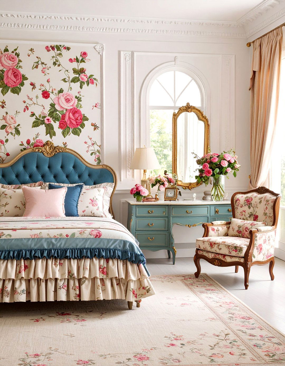 Chintz and Chint Grandmillennial Bedroom with Ruffled Details - 25 Grandmillennial Style Bedroom Ideas