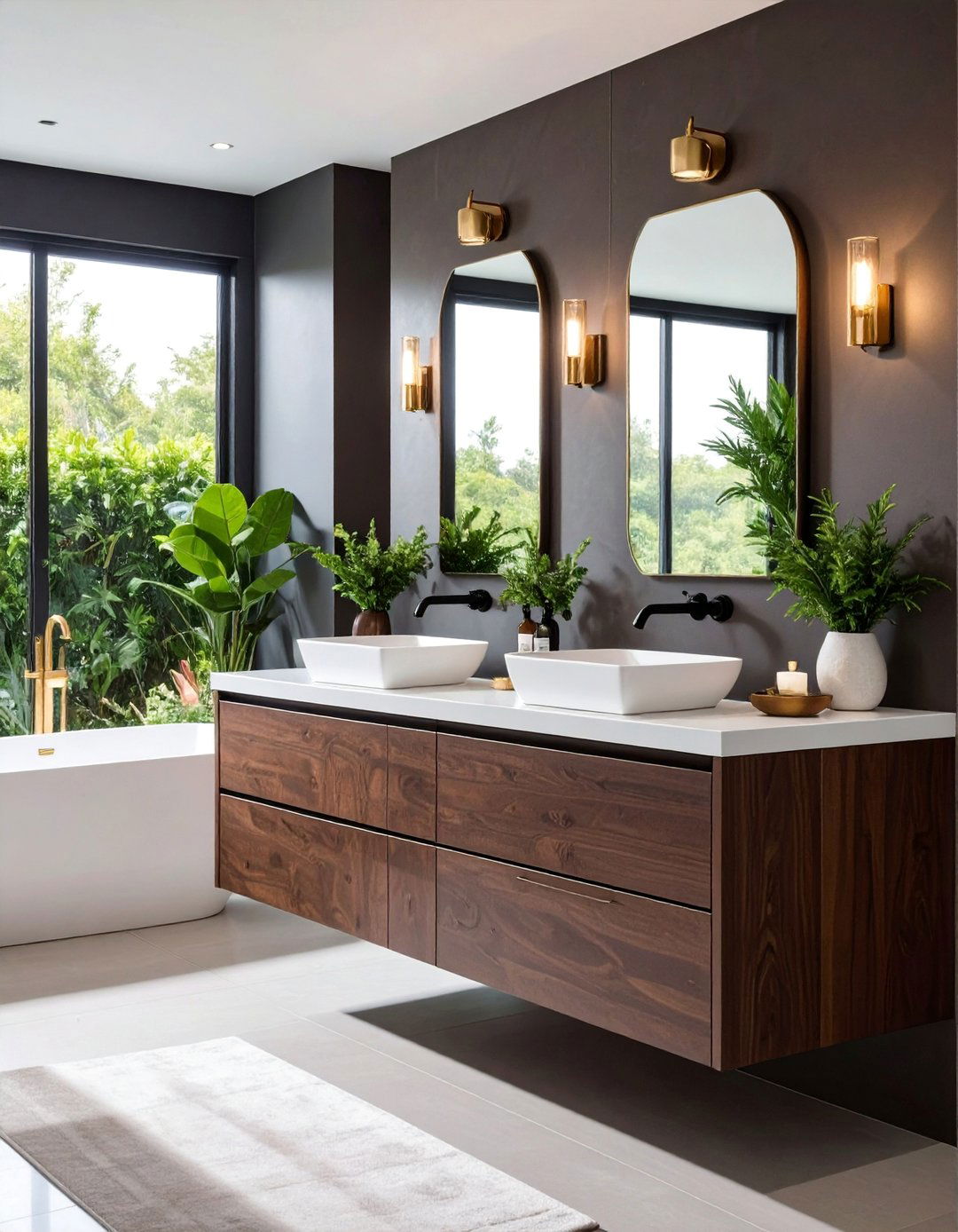 Chocolate Brown Vanity with Matte Black Fixtures - 25 brown and black bathroom ideas