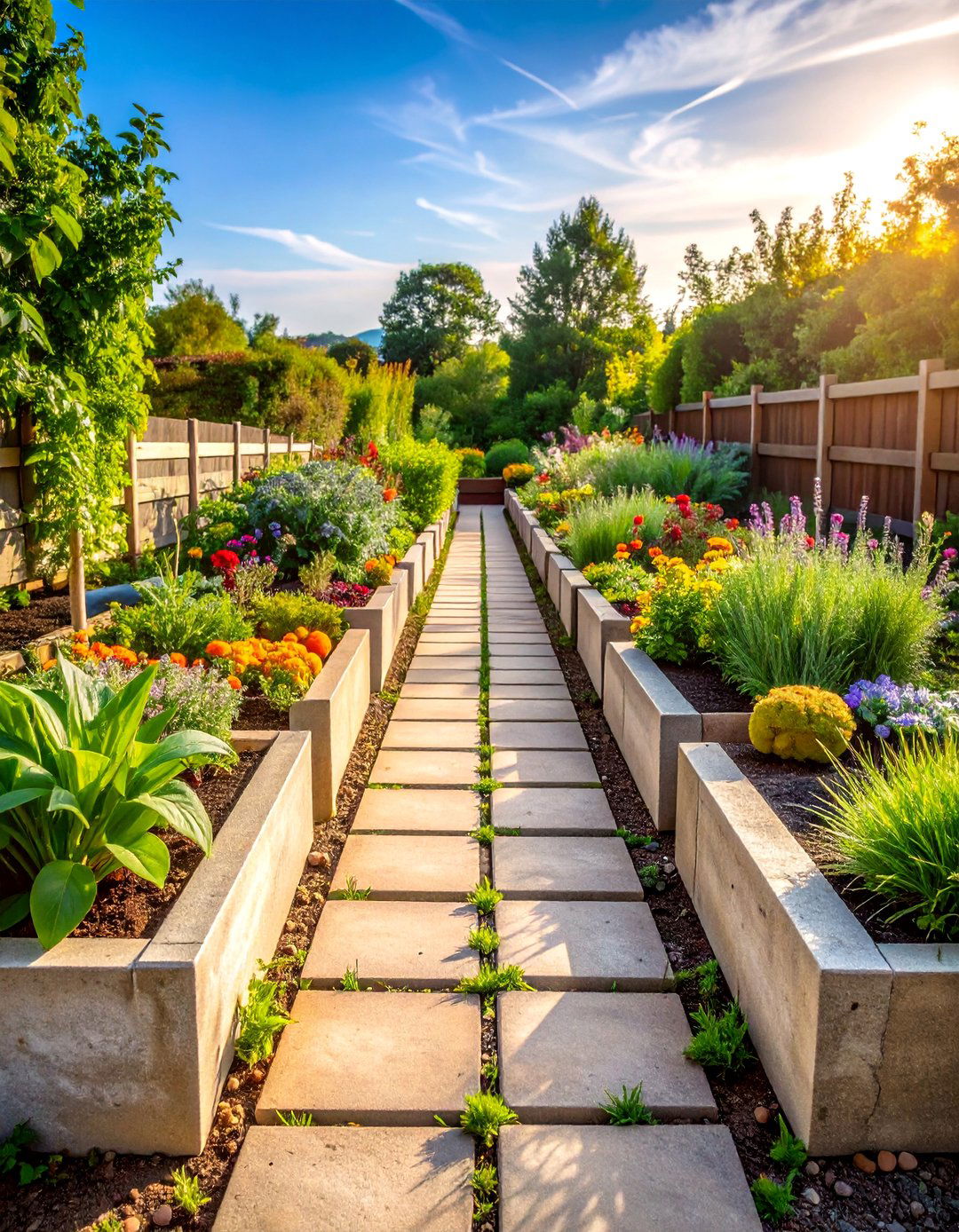 Cinder Block Planter Walkway with Vegetable Gardens - 25 Farmhouse Walkway Ideas