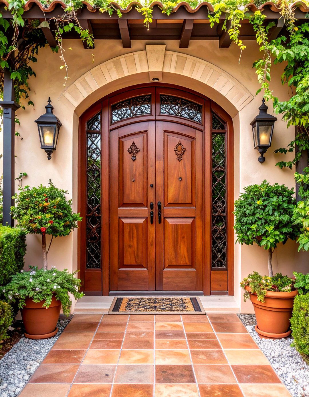 Cinnamon Brown Door with Mediterranean Tile Accents - 25 Brown House Front Door Colors