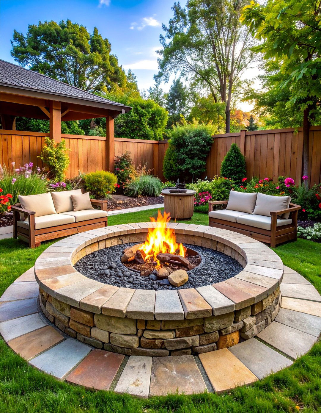Circular Flagstone Fire Pit with Natural Stone Seating - 25 Flagstone Fire Pit Ideas