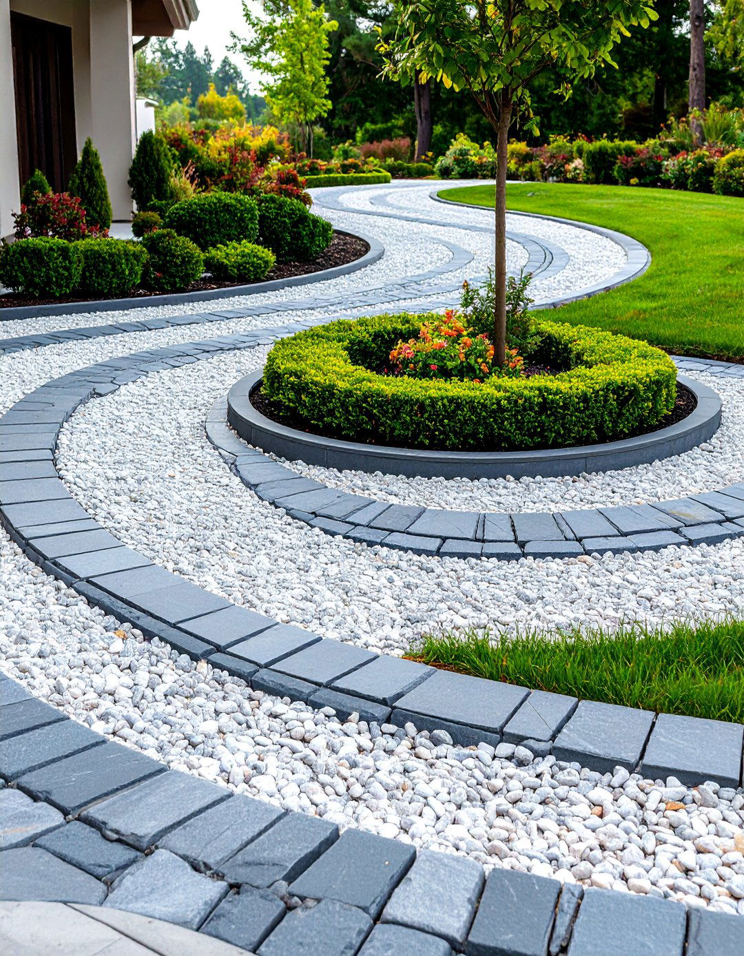 Circular Gravel Driveway with Central Garden Island - 25 Gravel Driveway Ideas
