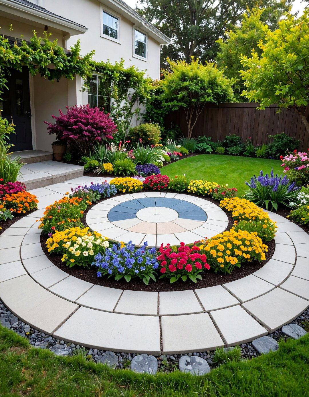 Circular Pattern Concrete Paver Focal Point - 25 Concrete Paver Walkway Ideas