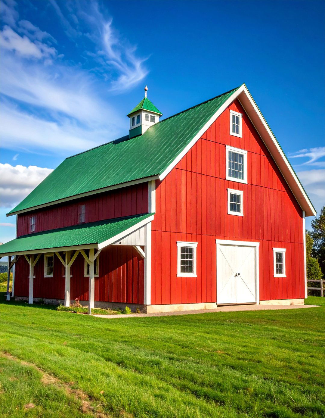 Classic Barn Red with Green Metal Roof - 25 Barndominium Exterior Ideas