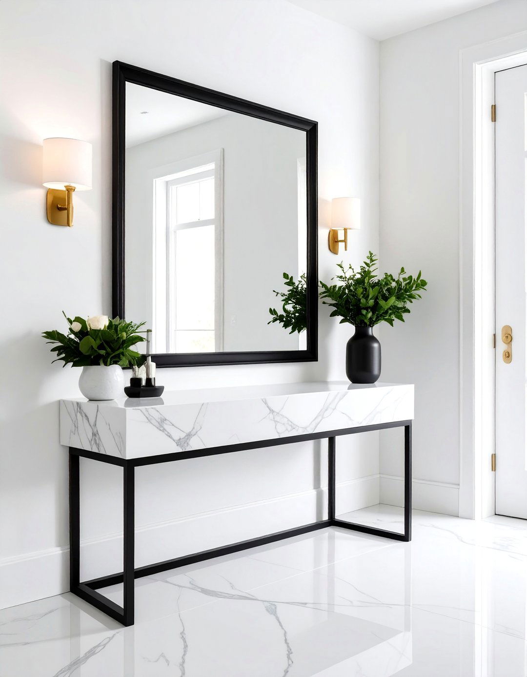 Classic Black Frame Mirror with White Marble Console - 25 Black and White Entryway Design Ideas