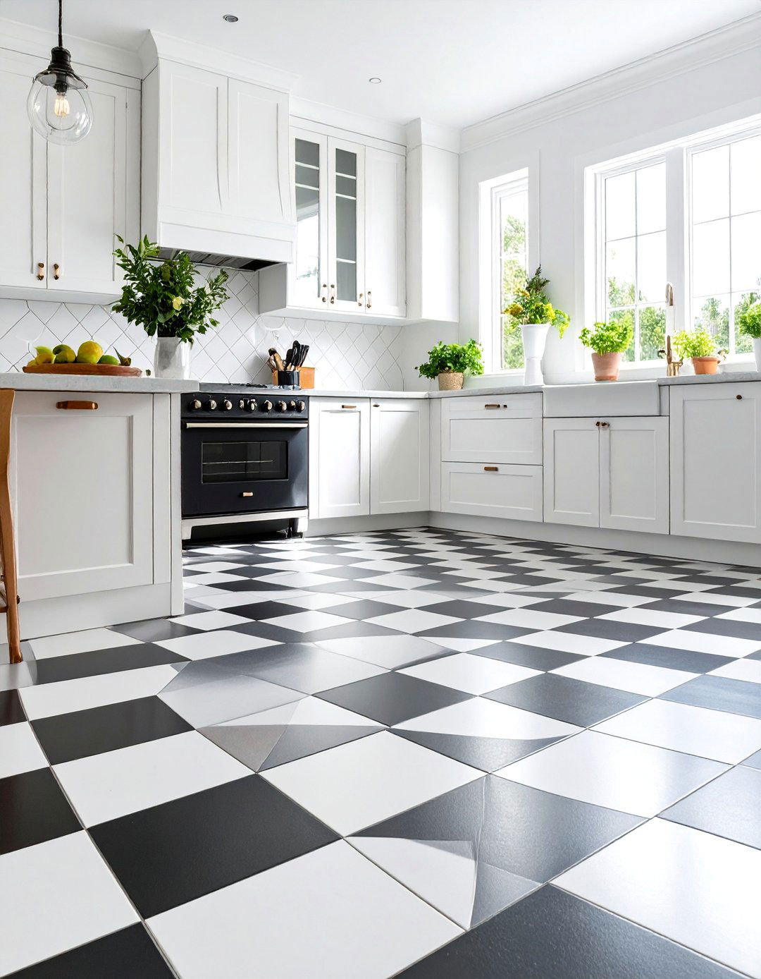 Classic Black and White Checkerboard with Diamond Border - 25 Linoleum Kitchen Flooring Ideas