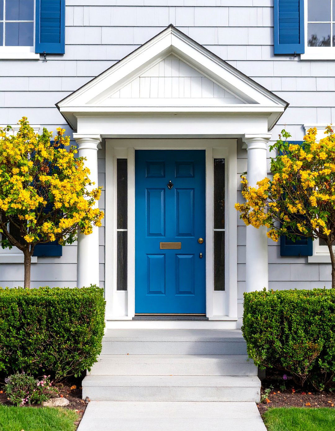 Classic Colonial Grey House with Navy Blue Front Door - 25 Grey House With Blue Door Ideas