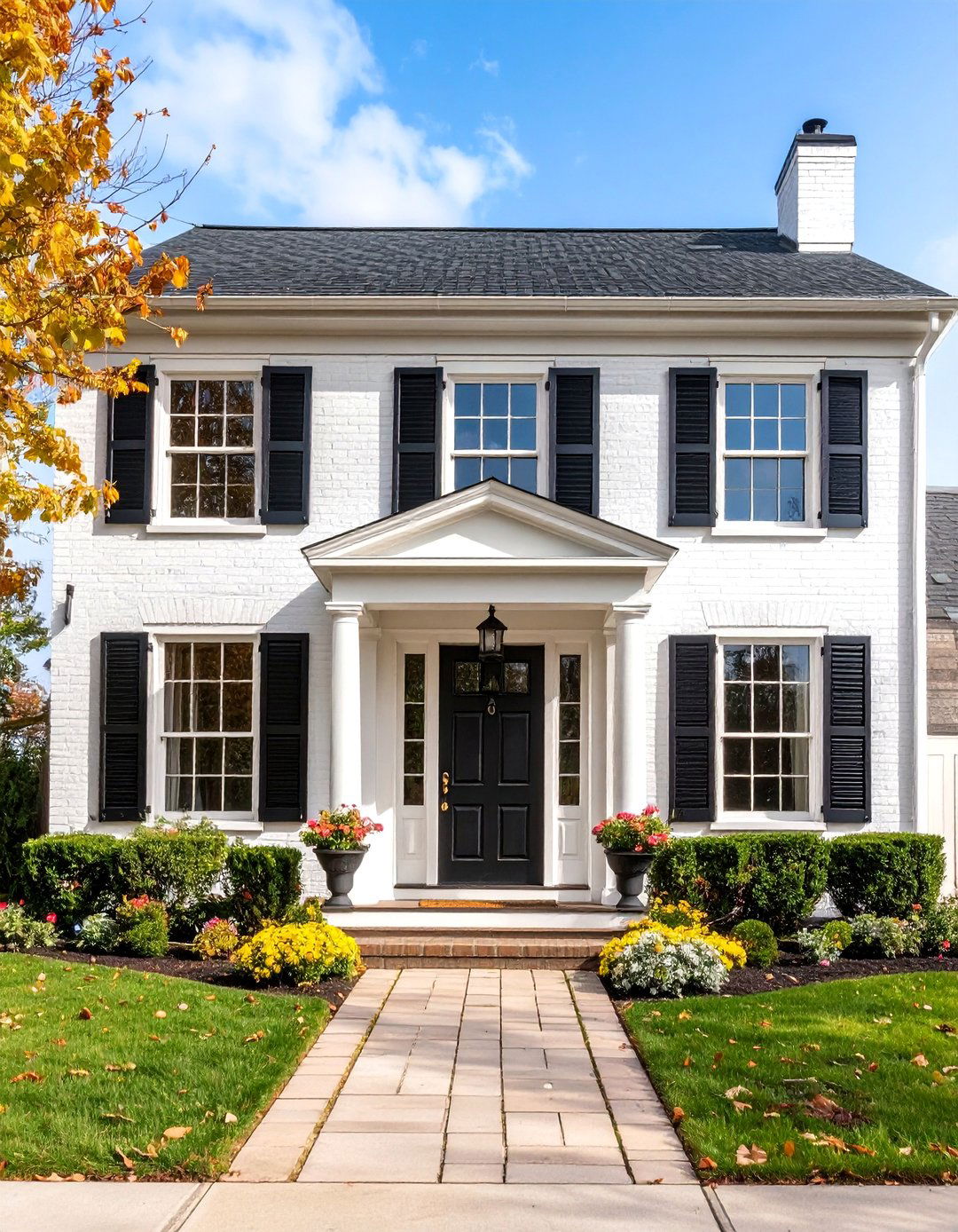 Classic Colonial with White Painted Brick - 25 Black and White House Exterior Ideas