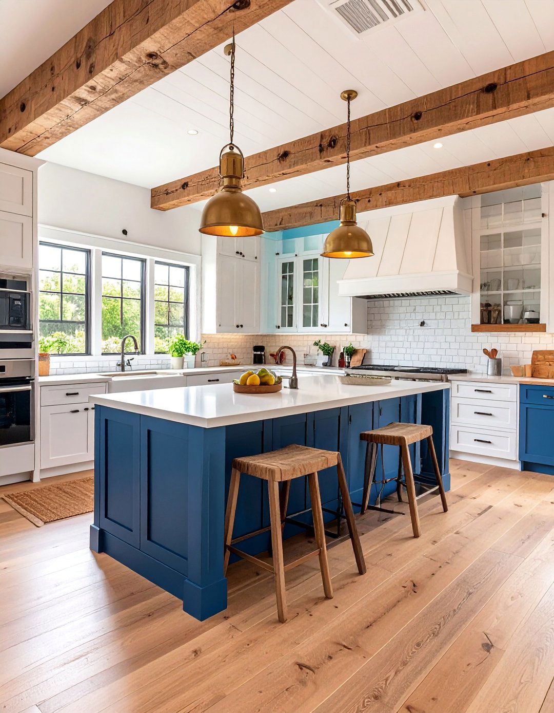 Classic Farmhouse White Shaker Cabinets with Navy Blue Island - 25 White Kitchen Cabinets With Blue Island