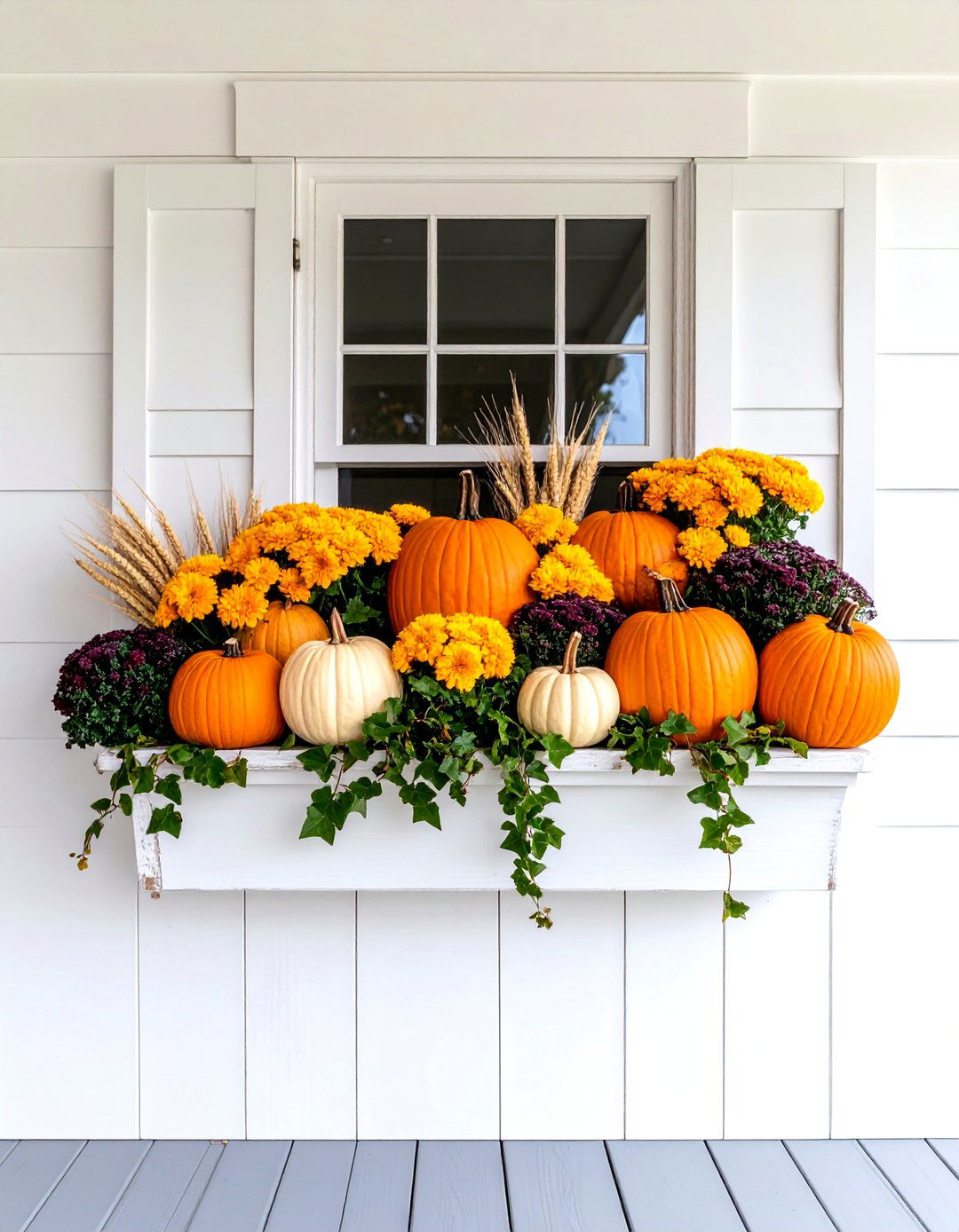 Classic Harvest Fall Flower Box with Mums and Pumpkins - 25 Fall Flower Box Ideas