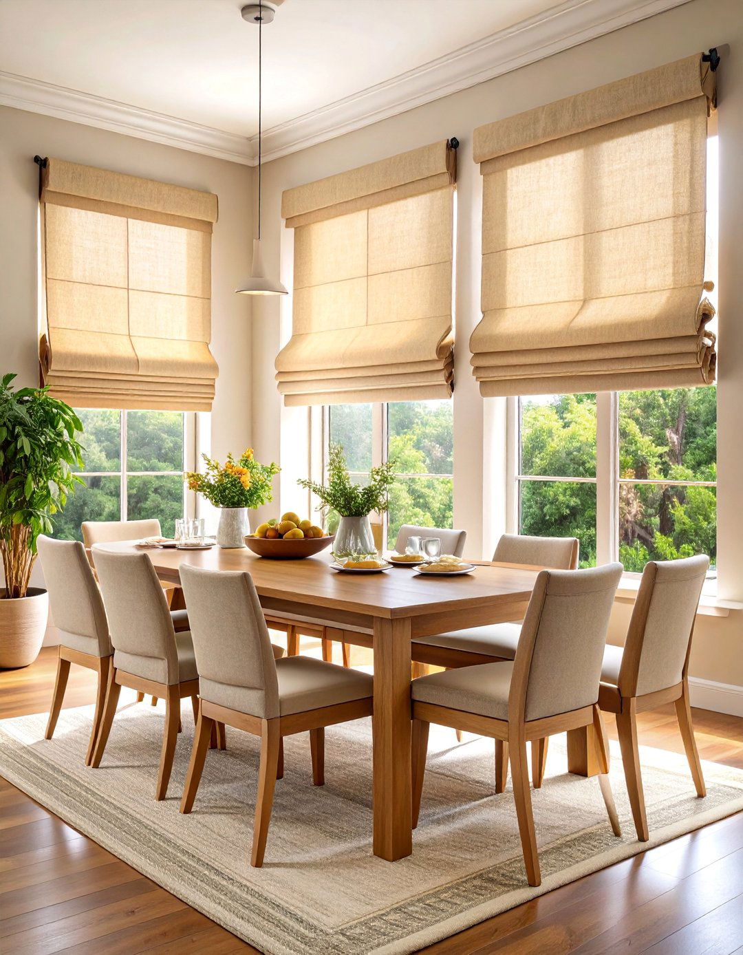 Classic Linen Roman Shades with Natural Texture - 25 Dining Room Window Treatments