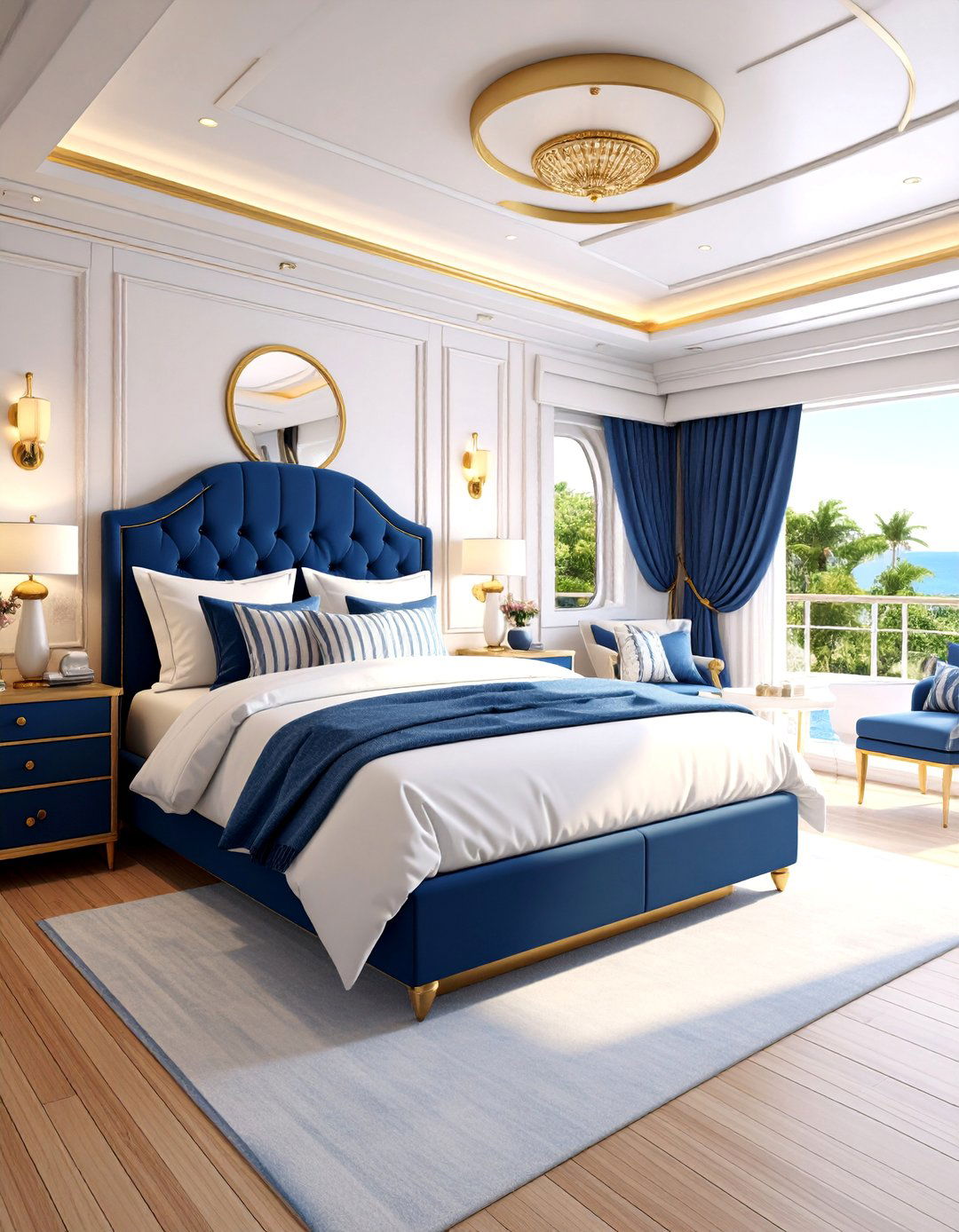 Classic Nautical Bedroom with Navy and Brass Accents - 25 yacht bedroom ideas