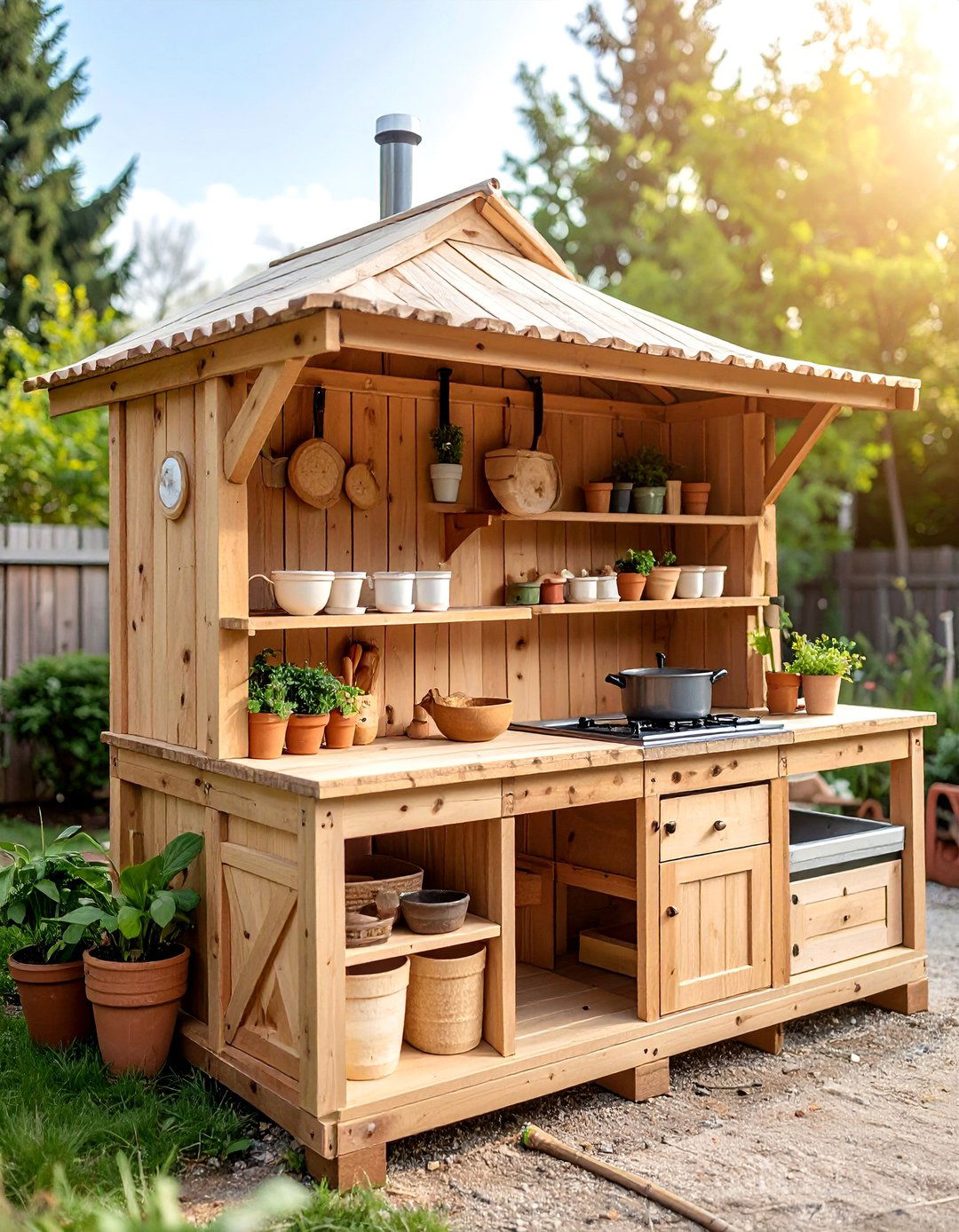 Classic Pallet Mud Kitchen with Storage Shelves - 25 Mud Kitchen Ideas for Kids