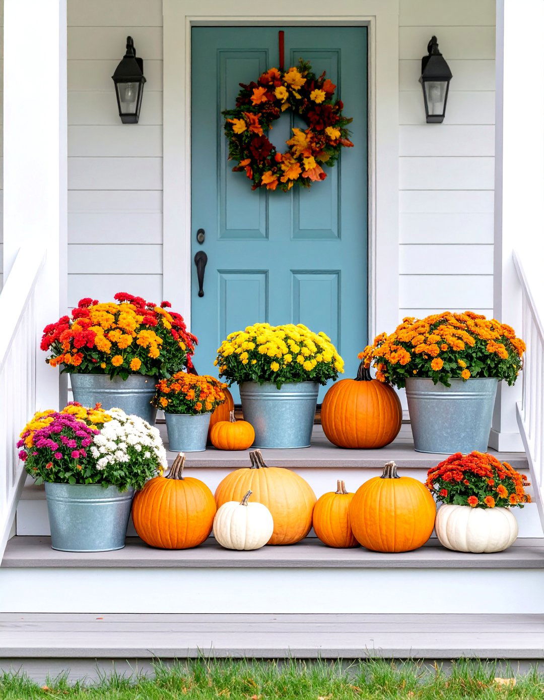 Classic Porch Display with Mums and Pumpkins - 25 fall outdoor decorating ideas