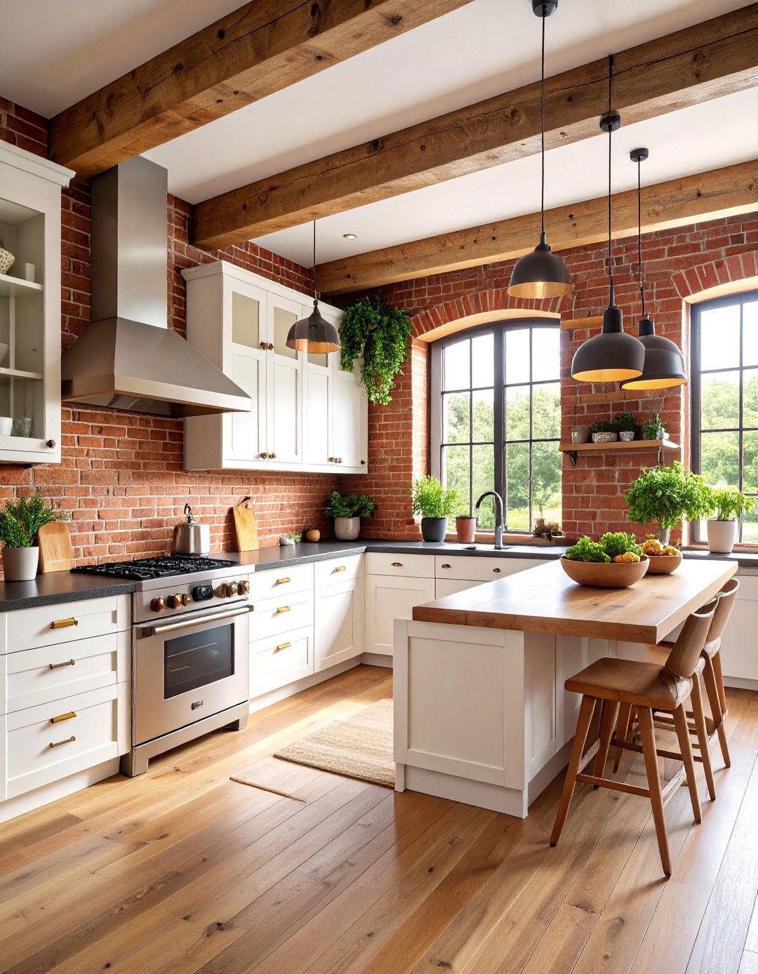 Classic Red Brick Backsplash with White Shaker Cabinets - 25 Red Brick Kitchen Ideas
