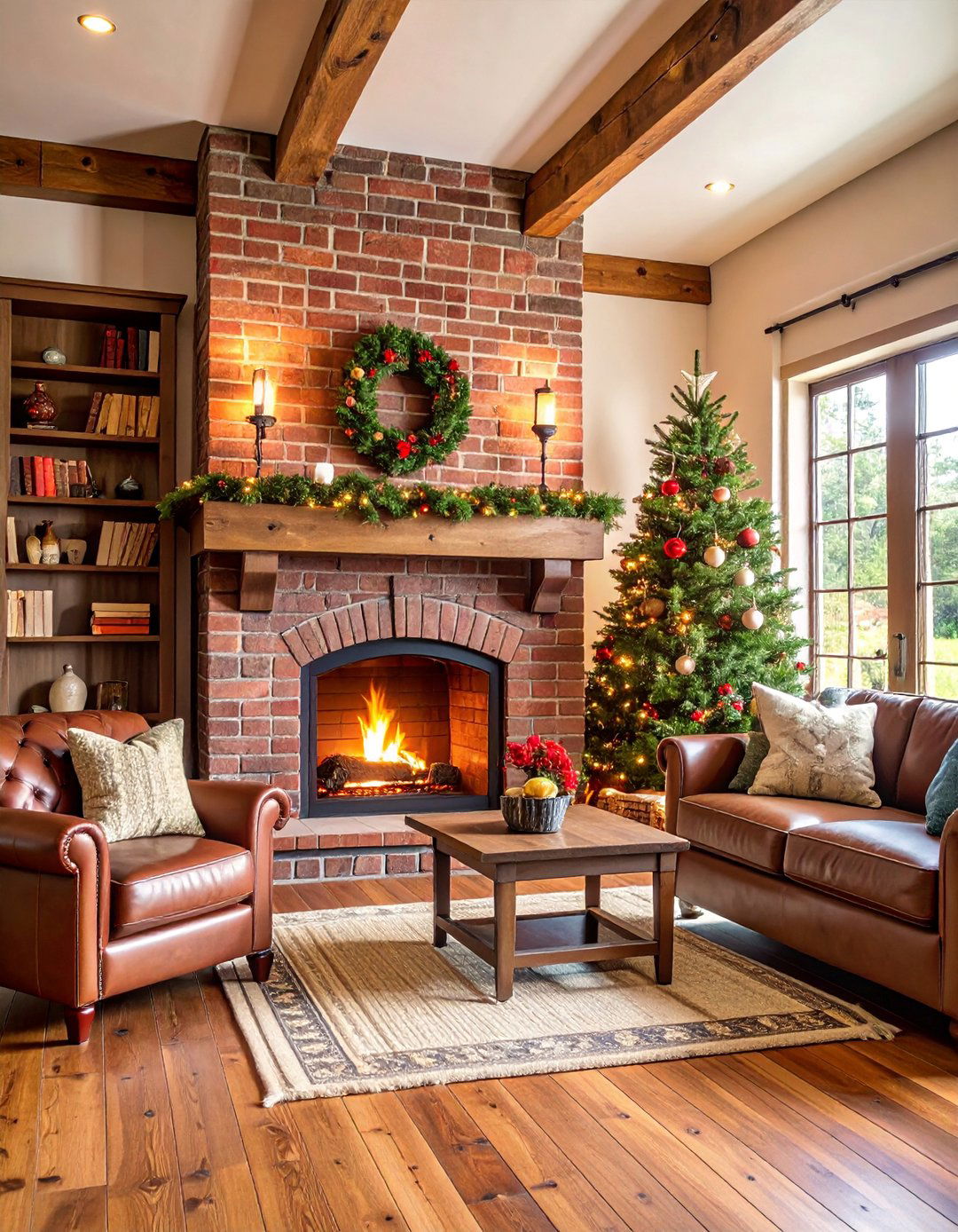 Classic Red Brick Fireplace with Reclaimed Wood Mantel - 25 Rustic Living Room With a Brick Fireplace Ideas