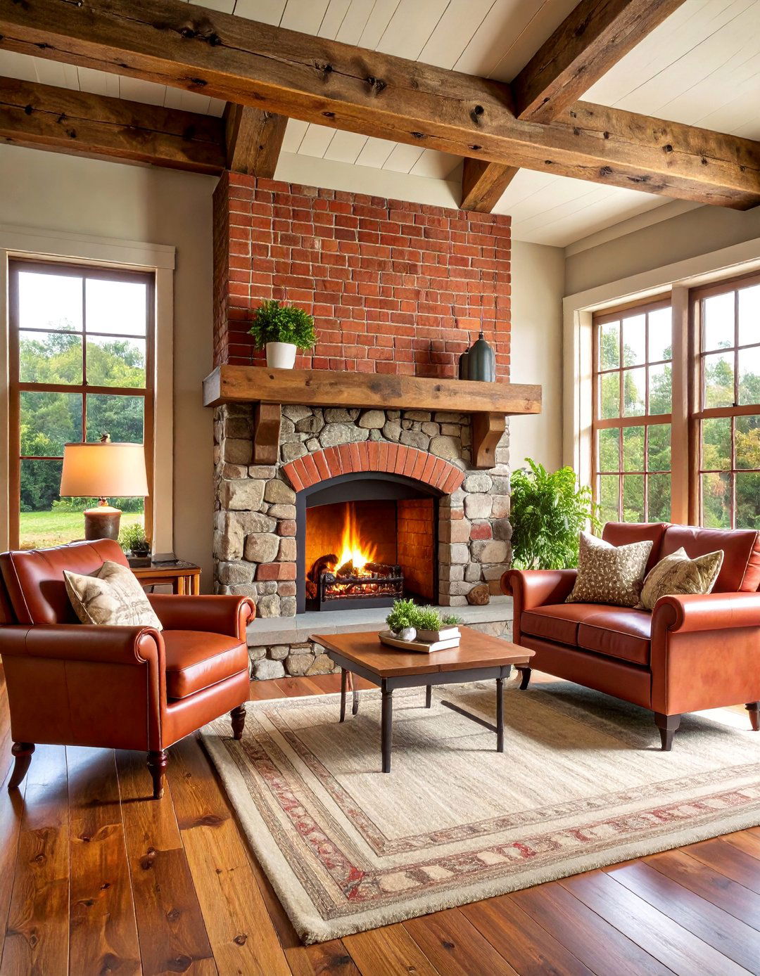 Classic Red Brick Fireplace with Reclaimed Wood Mantel - 25 Rustic Brick Fireplace Ideas