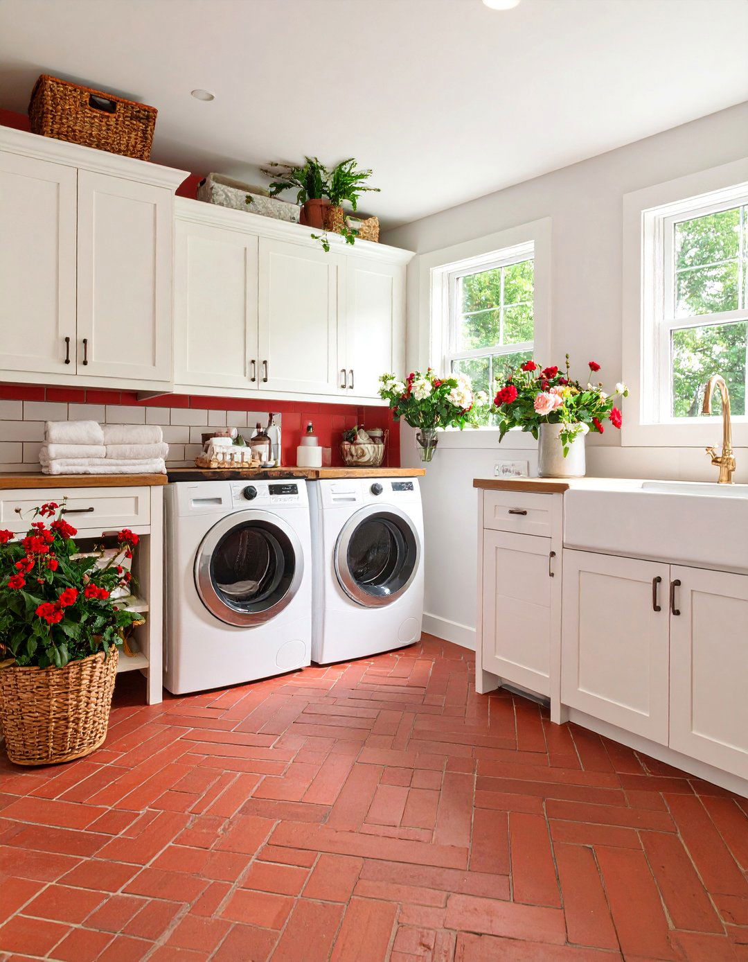 Classic Red Brick Herringbone with Farmhouse Charm - 25 Brick Floor Laundry Room Ideas