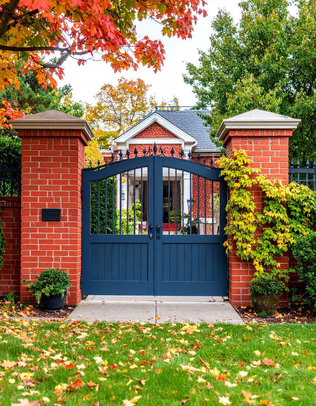 Classic Red Brick Pillar Fence with Iron Gates - 25 Front Yard Brick Fence Ideas