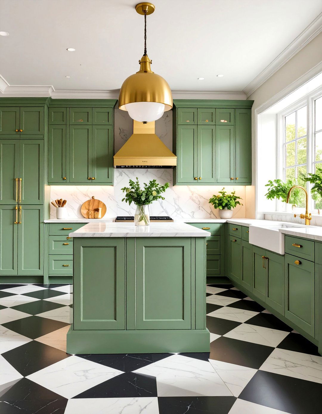 Classic Shaker Kitchen with Sage Green Cabinets and Black and White Tile - 25 Sage Green and Black Kitchen Ideas