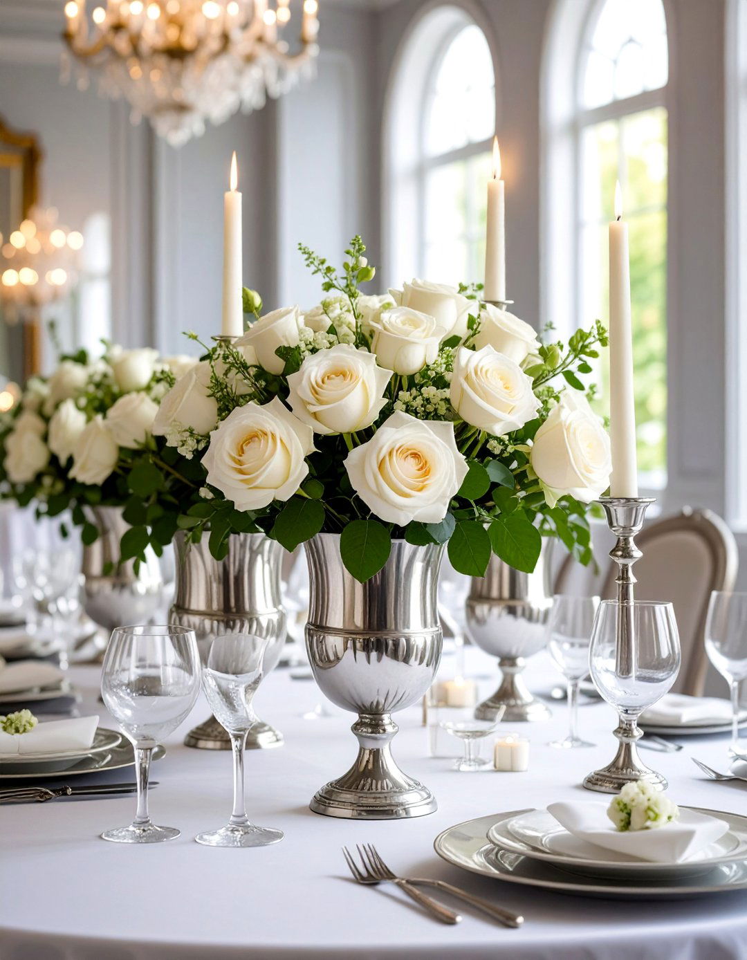 Classic Silver and White Rose Displays - 25 Rehearsal Dinner Centerpiece Ideas