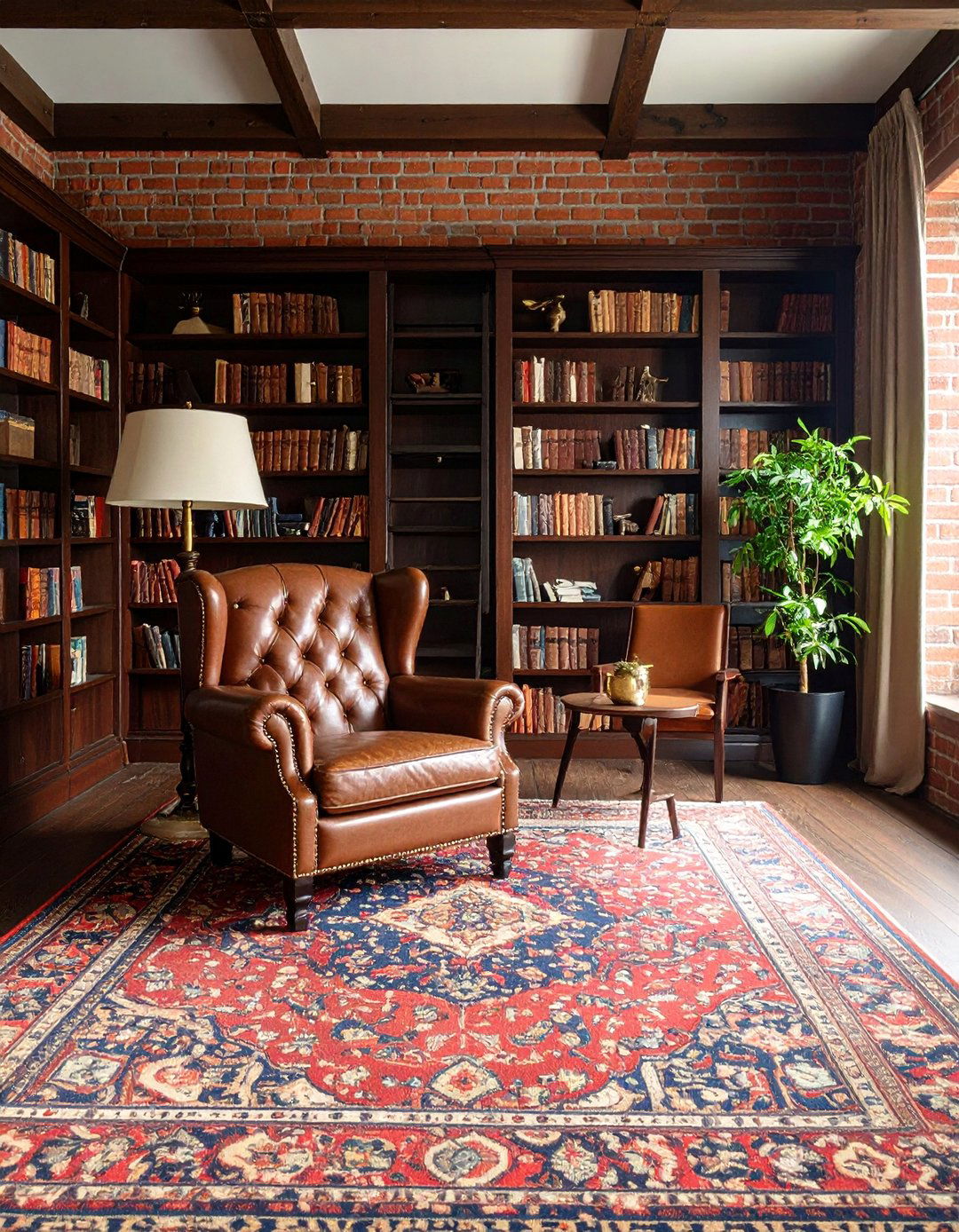 Classic Traditional Study with Red Brick Library Wall - 25 Brick Wallpaper Ideas