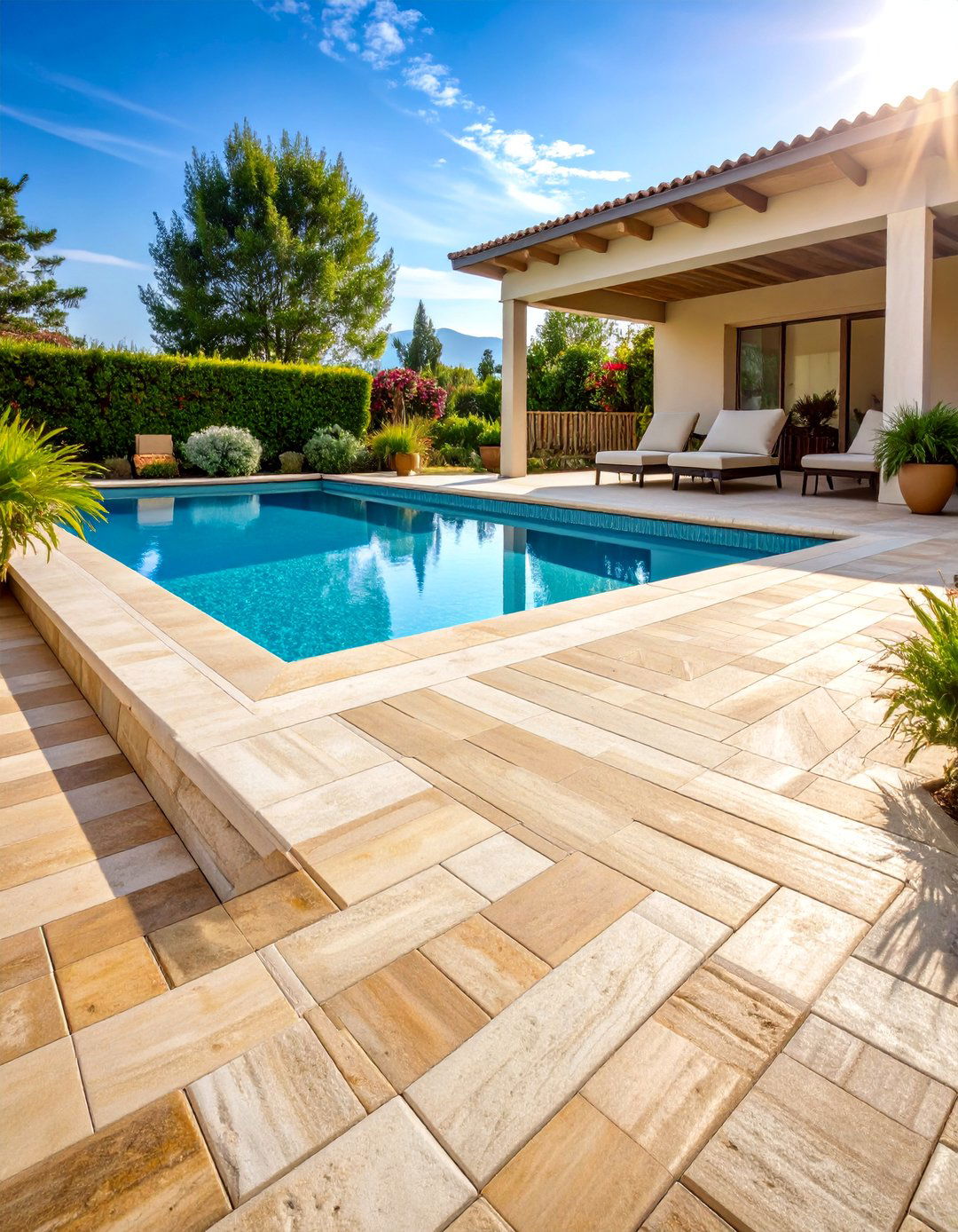 Classic Travertine Herringbone Pool Deck - 25 Pavers Around Pool Ideas