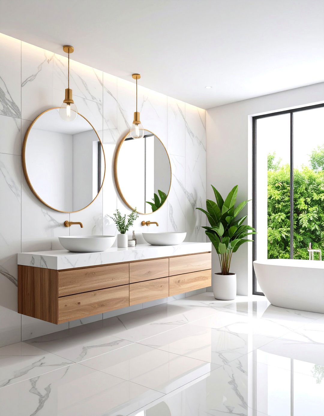 Classic White Carrara Marble Bathroom with Subway Tile Walls - 25 Marble Bathroom Ideas