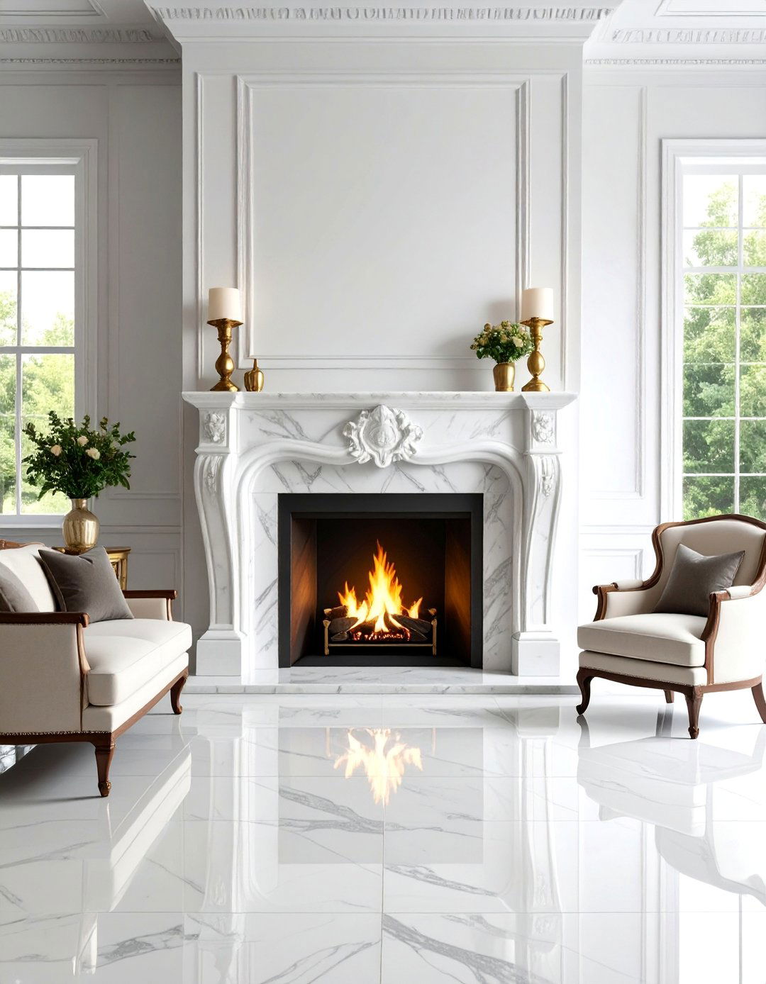Classic White Carrara Marble Fireplace with Traditional Mantel - 25 Marble Fireplace Ideas