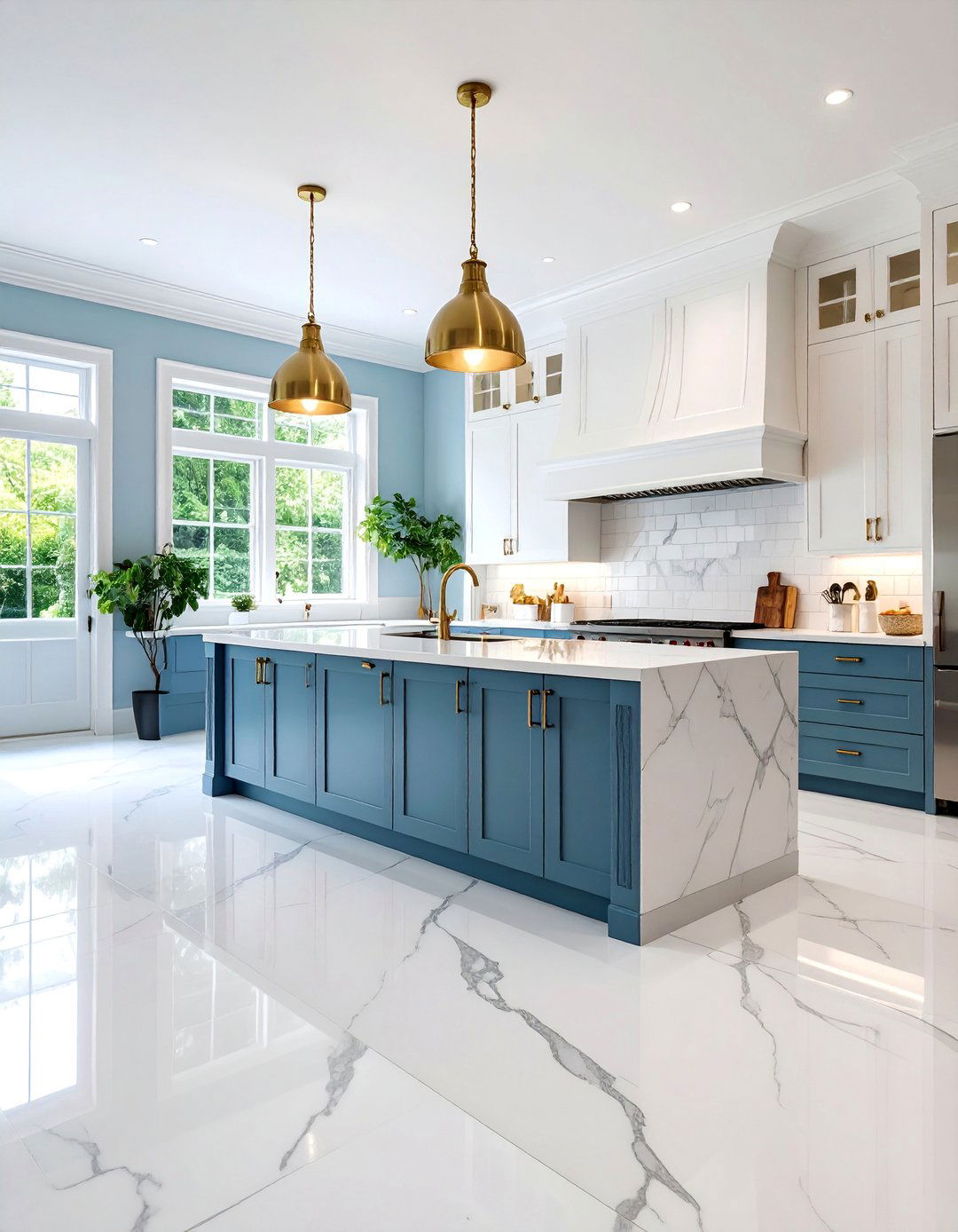 Classic White Carrara Marble Kitchen Floor with Subway Tile Backsplash - 25 Marble Kitchen Floor Ideas