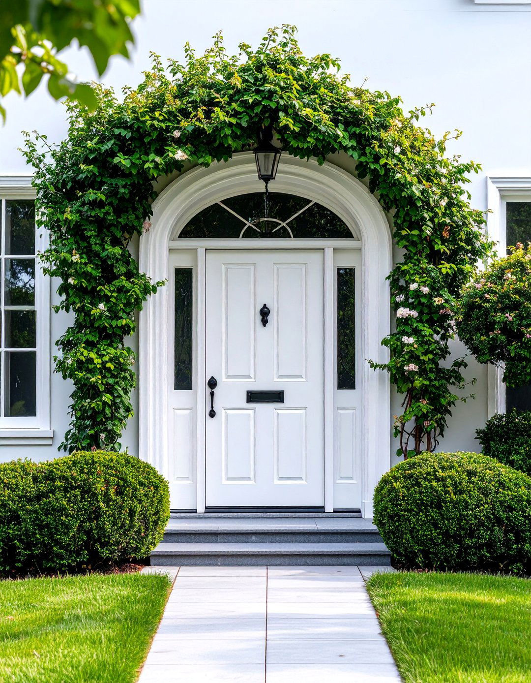 Classic White Door with Black Iron Details - 25 Door Painting Ideas