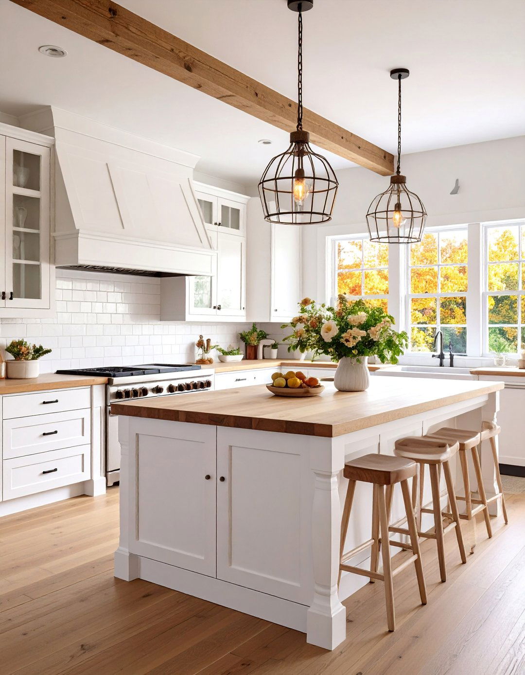 Classic White Farmhouse Kitchen with Butcher Block Accents - 25 Farmhouse Kitchen Ideas