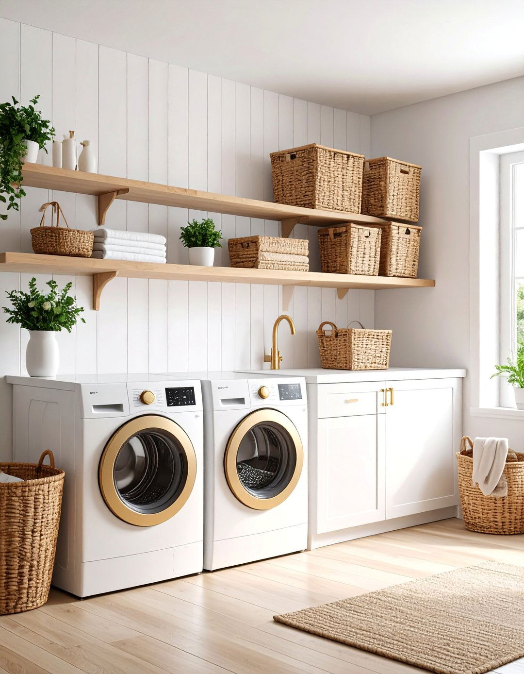 Classic White Horizontal Shiplap with Floating Shelves - 25 Shiplap Laundry Room Ideas
