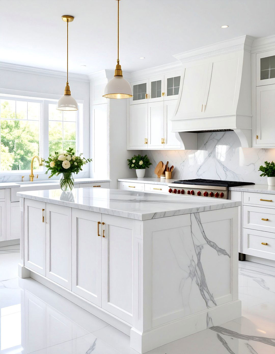 Classic White Kitchen Island with Marble Countertops - 25 Kitchen Island Color Ideas
