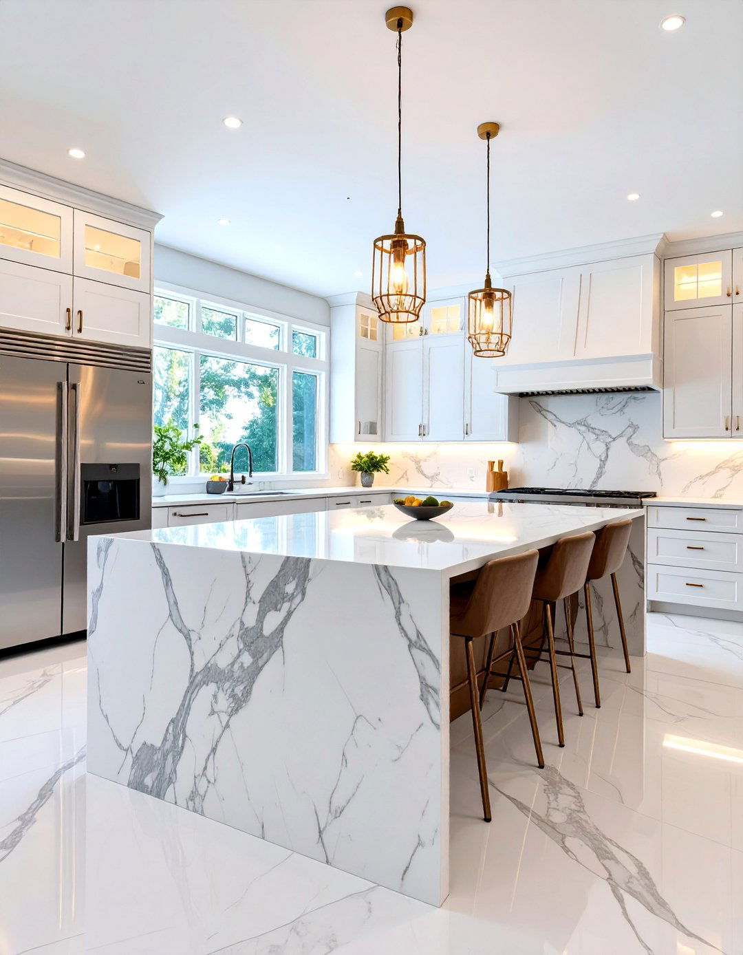 Classic White Marble Waterfall Island - 25 Waterfall Kitchen Island Ideas