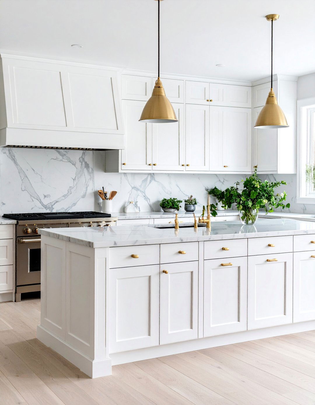 Classic White Shaker Kitchen with Marble Countertops - 25 White Kitchen Ideas