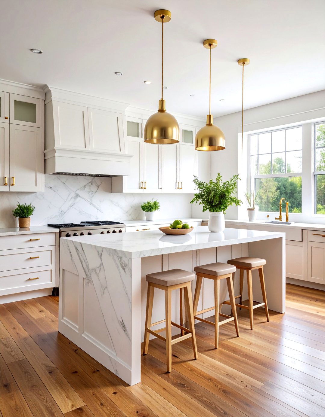 Classic White Shiplap Island with Marble Waterfall Countertop - 25 Kitchen Shiplap Ideas With Kitchen Island Ideas