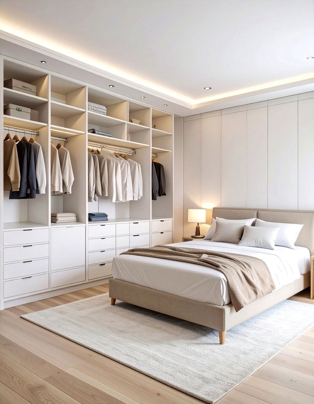 Classic White U Shaped Wardrobe with Overhead Storage - 25 Built-in Wardrobe Ideas Around a Bed