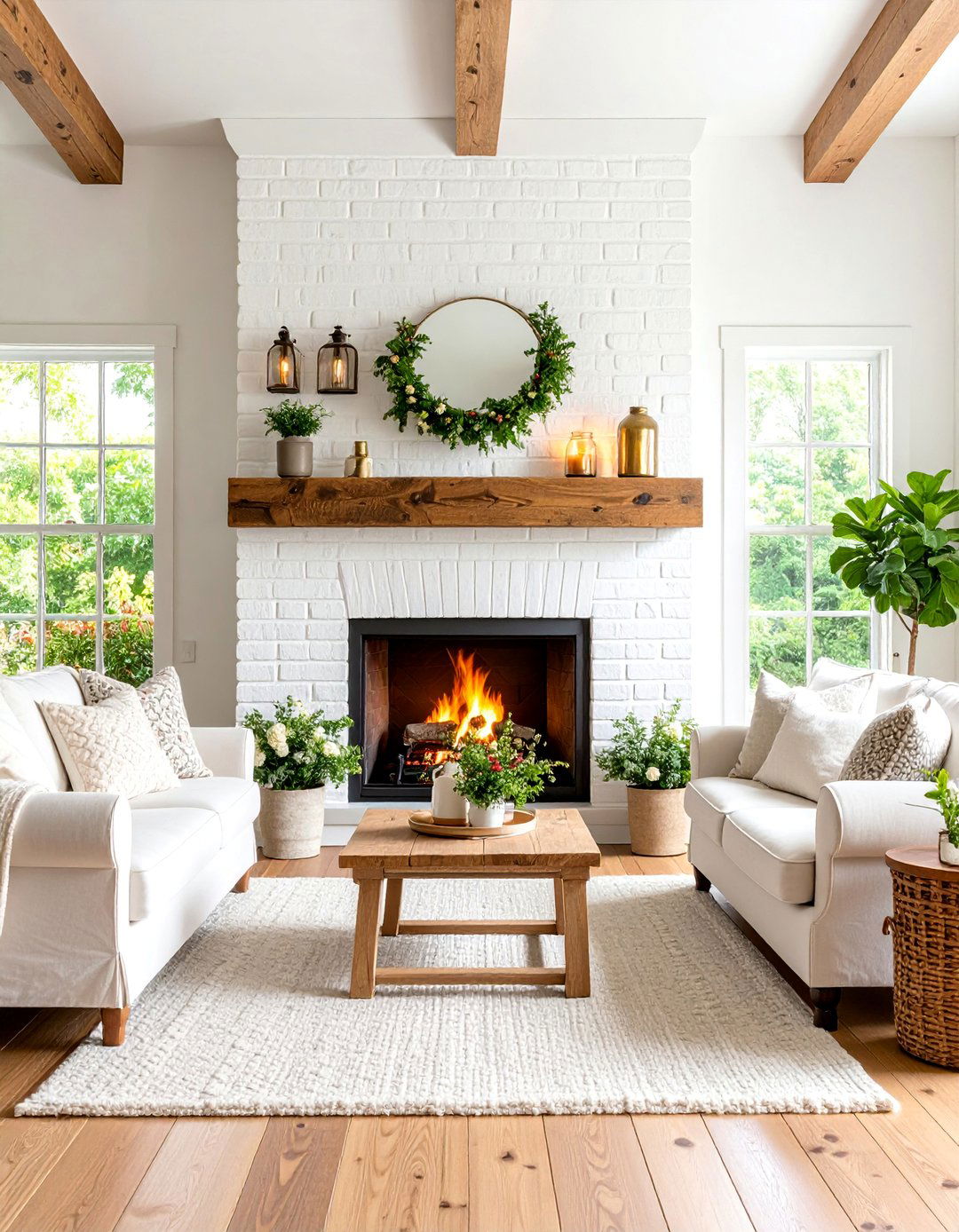 Classic Whitewashed Brick Farmhouse Fireplace - 25 Farmhouse Fireplace Ideas