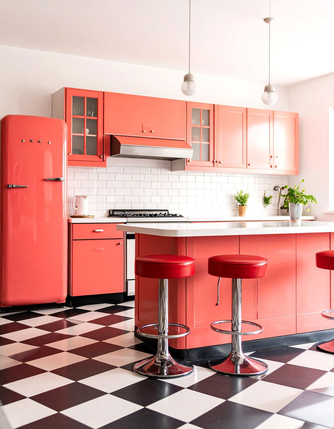 Classic s Diner Kitchen with Cherry Red Appliances - 25 Vintage Kitchen Ideas