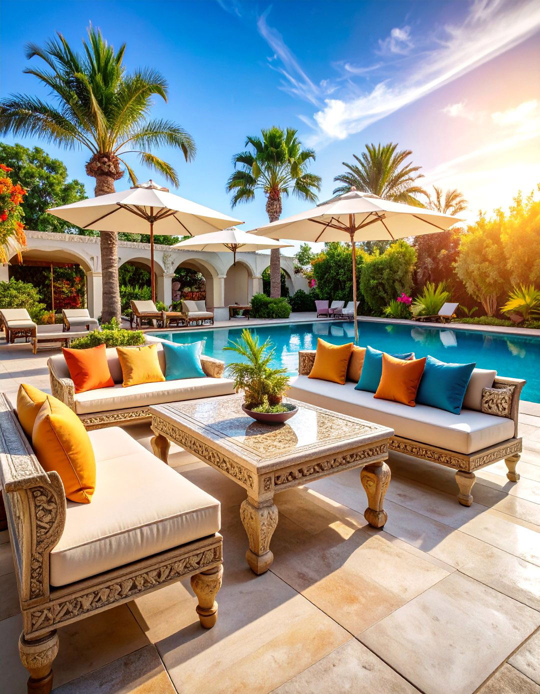 Classical Pool Courtyard with Stone Table Settings - 25 Pool Furniture Ideas