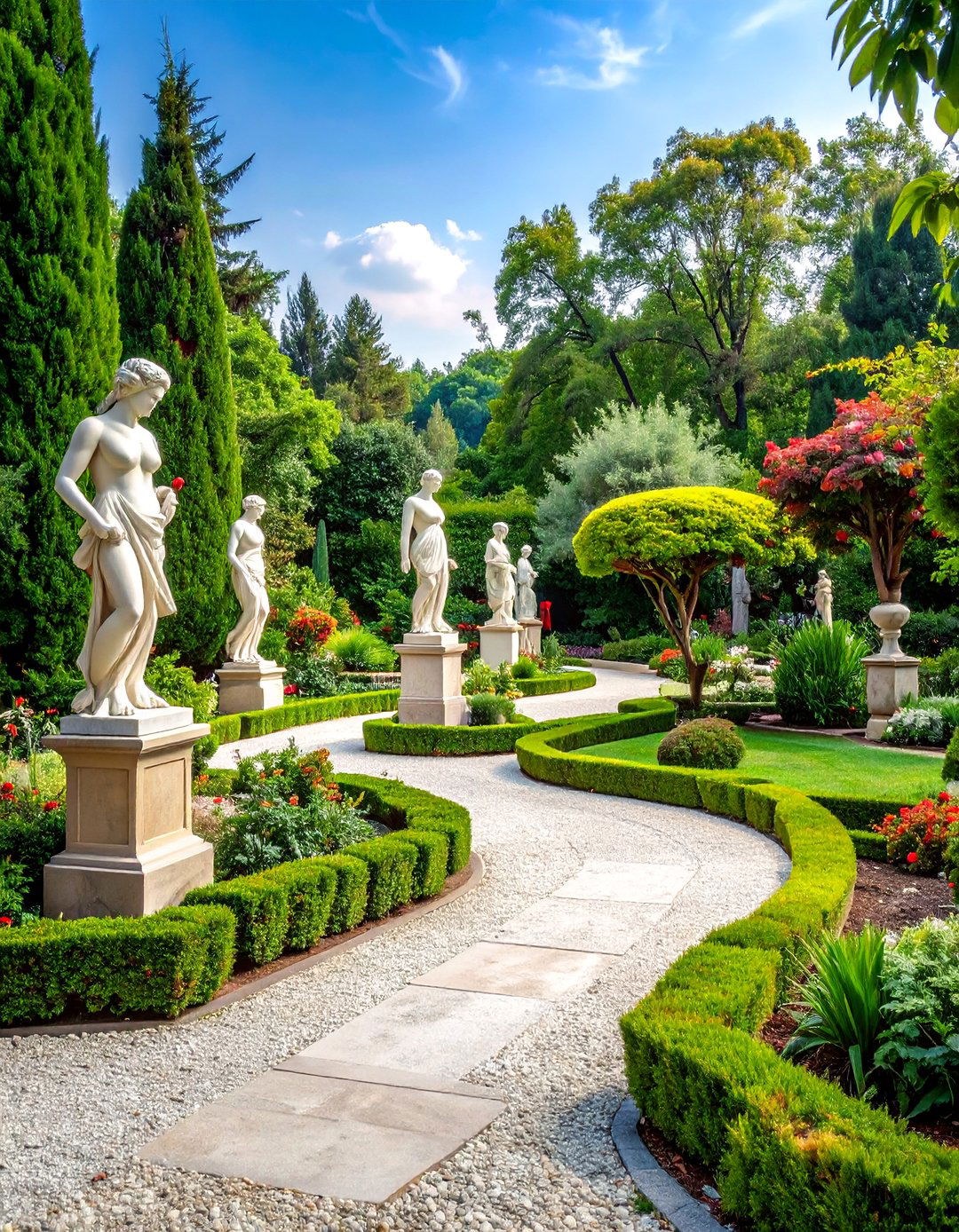 Classical Sculpture Garden with Evergreen Backdrop - 25 Formal Garden Ideas