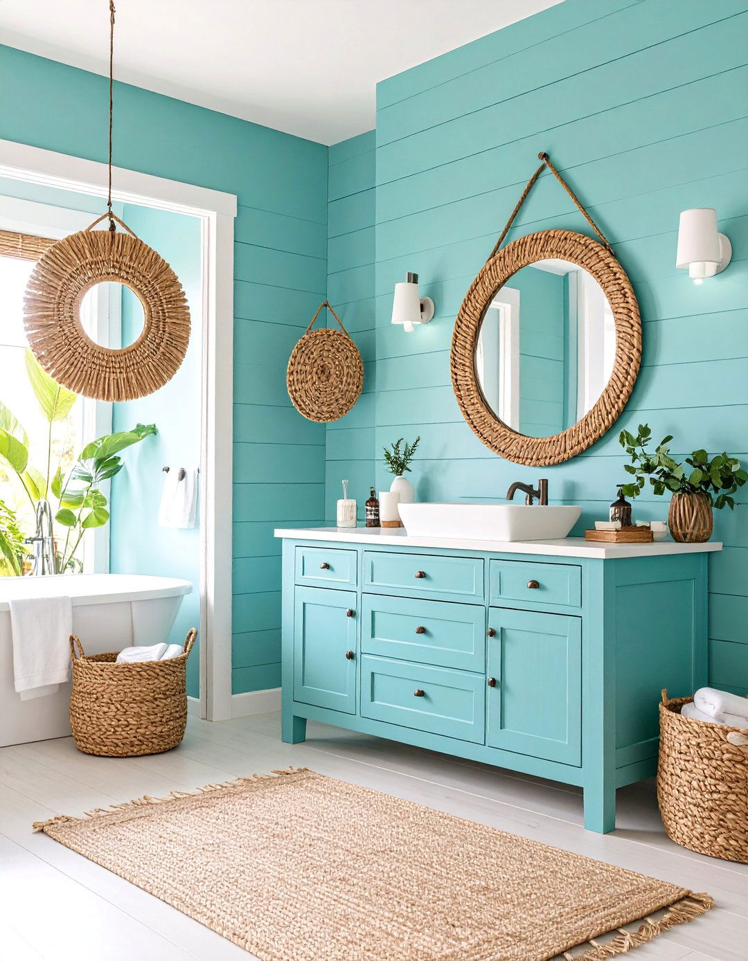 Coastal Aqua Shiplap with Rope and Rattan Details - 25 shiplap bathroom ideas
