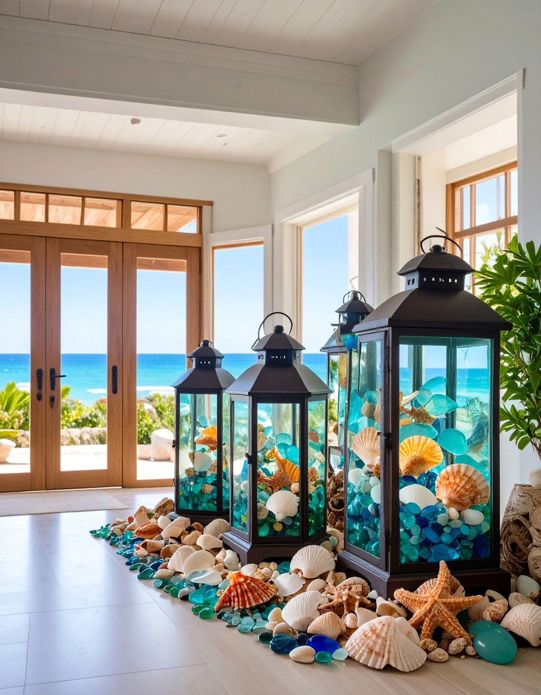 Coastal Beach House Entryway with Shell Filled Glass Lanterns - 25 Lantern Decor Ideas