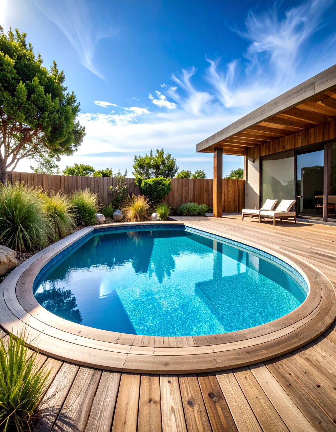 Coastal Beach Themed with Driftwood and Grasses - 25 Pool Landscaping Ideas