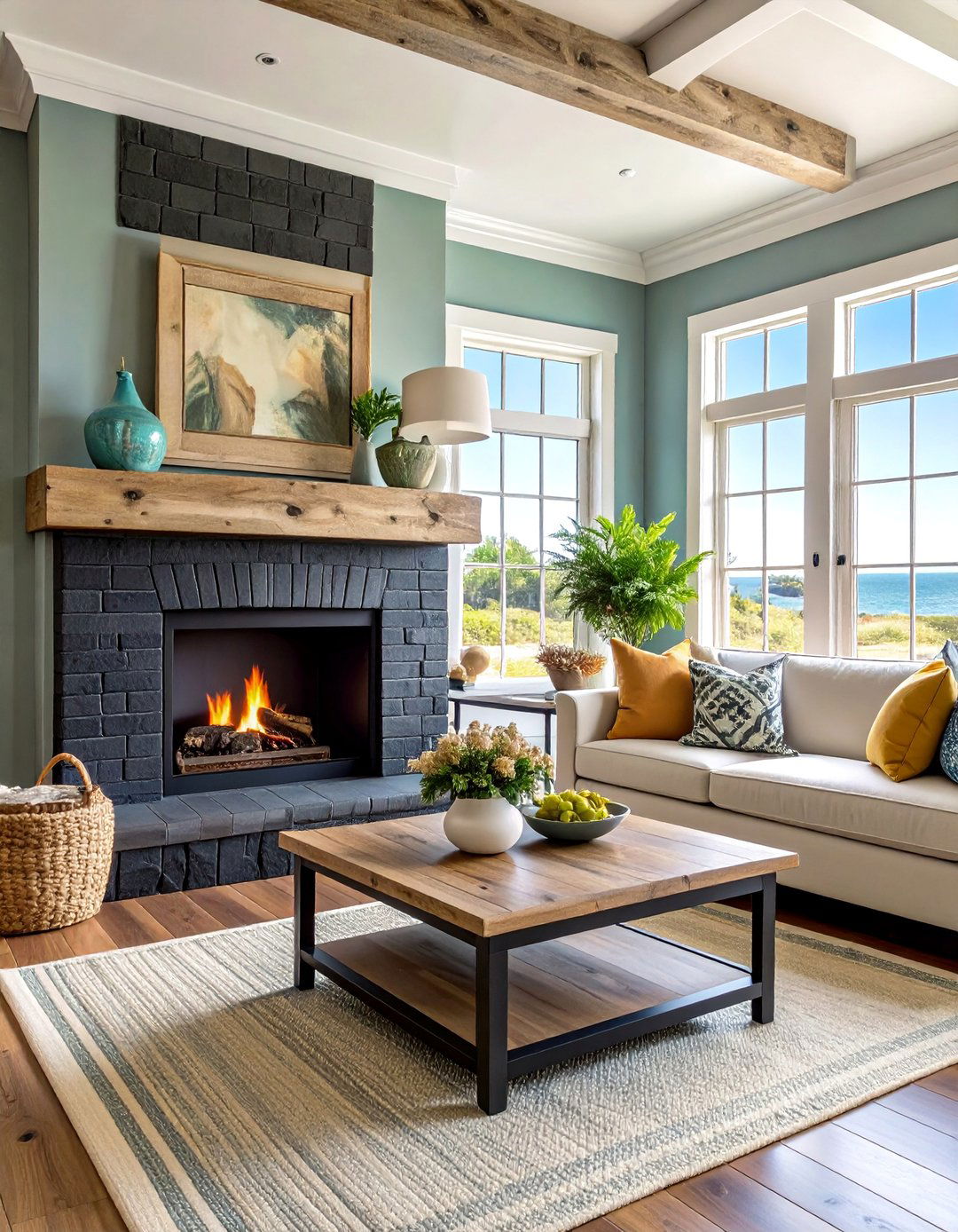 Coastal Black Brick Fireplace with Driftwood Mantel - 25 Black Brick Fireplace Ideas