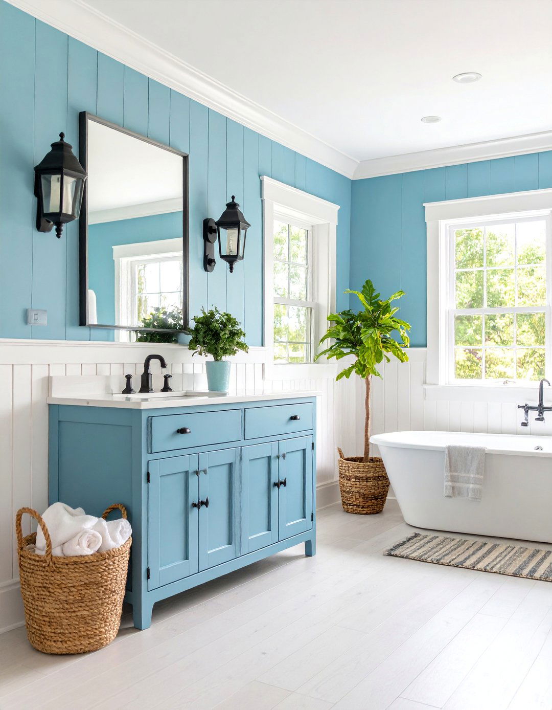 Coastal Blue Bathroom with Black Accents - 25 black and blue bathroom ideas