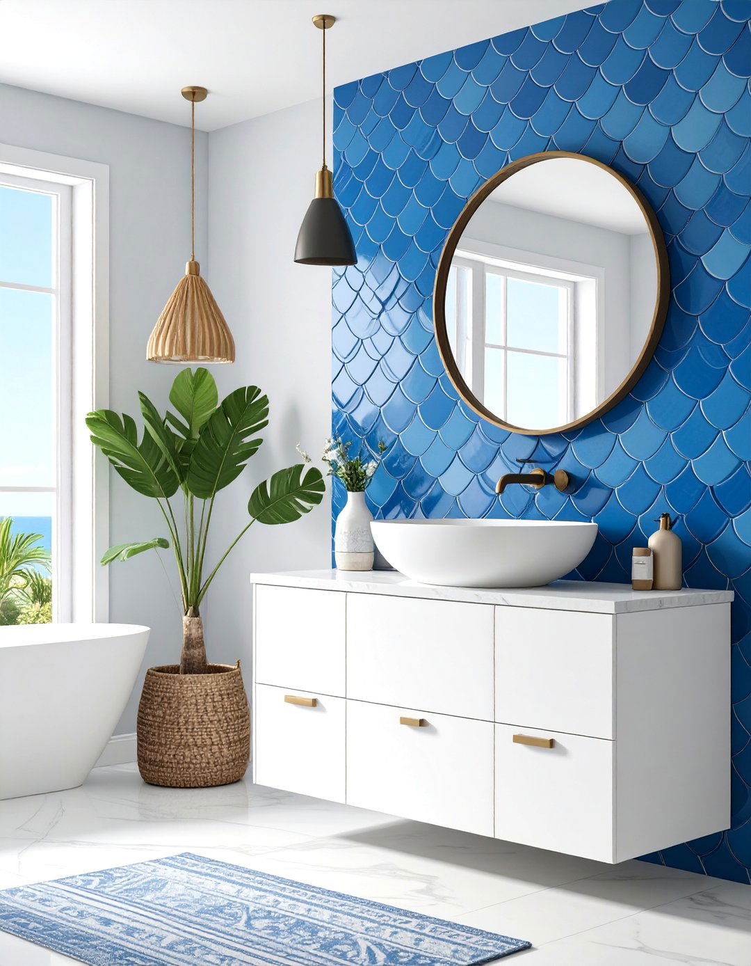 Coastal Blue Fish Scale Tiles - 25 Blue and White Bathroom Ideas