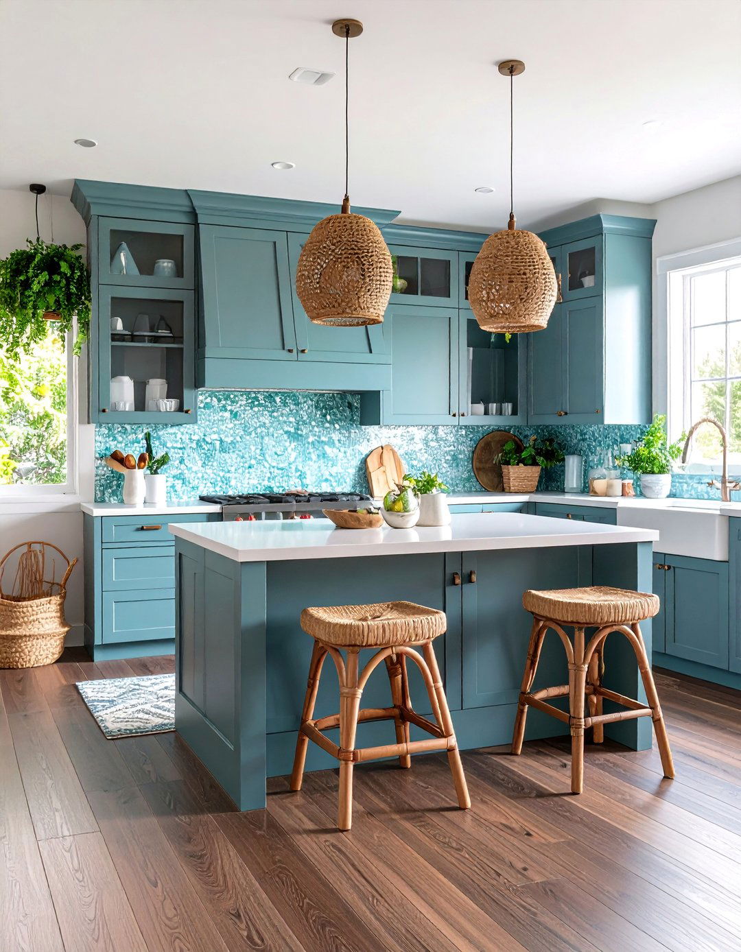 Coastal Blue Gray Kitchen With Dark Wood Floors - 25 Kitchen With Dark Wood Floors